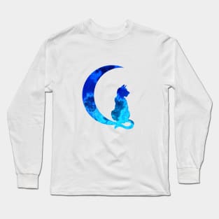 Blue Crescent Moon and Kitty Cat Long Sleeve T-Shirt